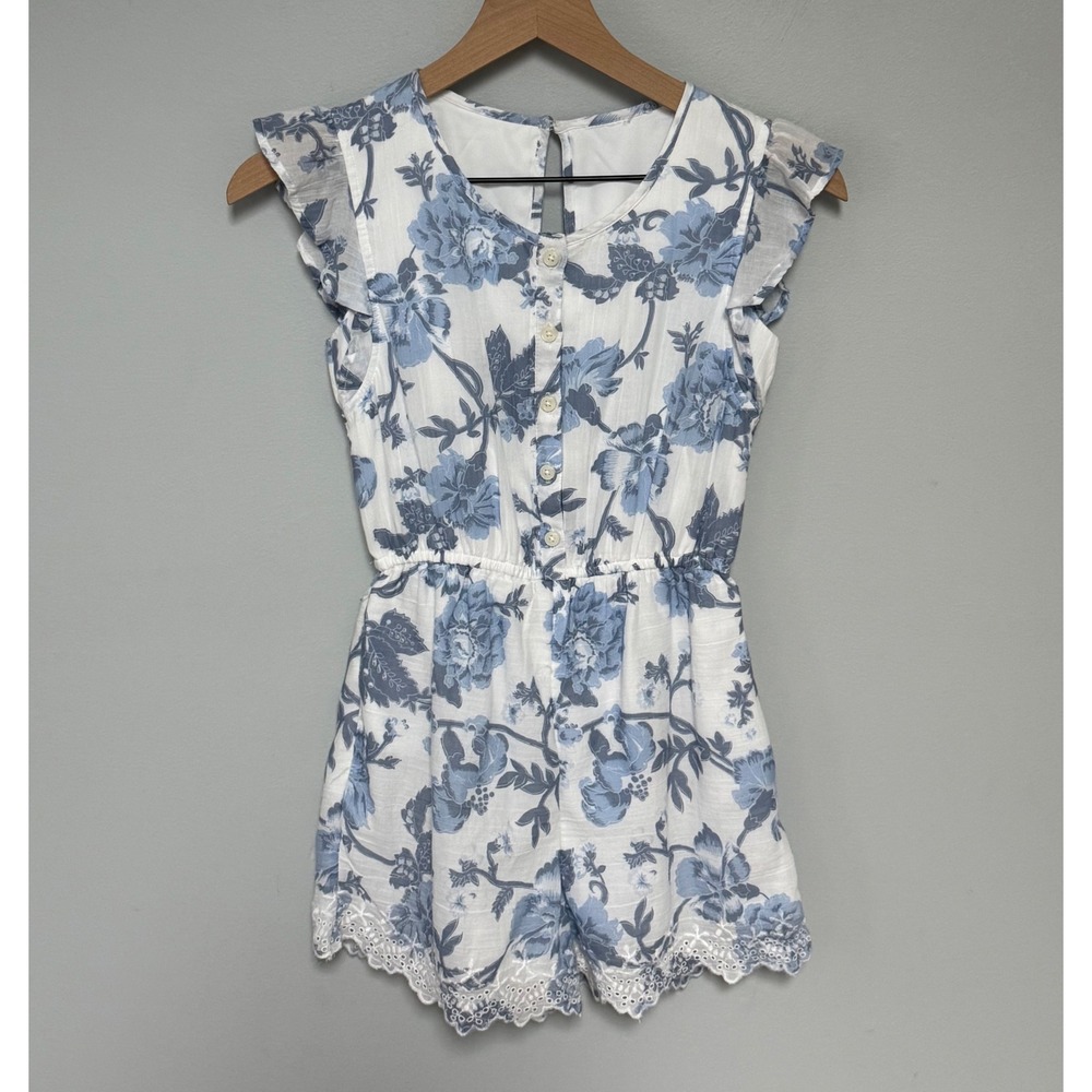 Abercrombie Kids Girls Floral Romper Eyelet Lace Flutter Sleeve Size 11/12 Blue